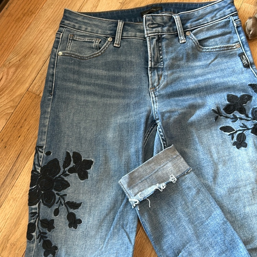 Silver skinny jeans, Avery style, embroidered